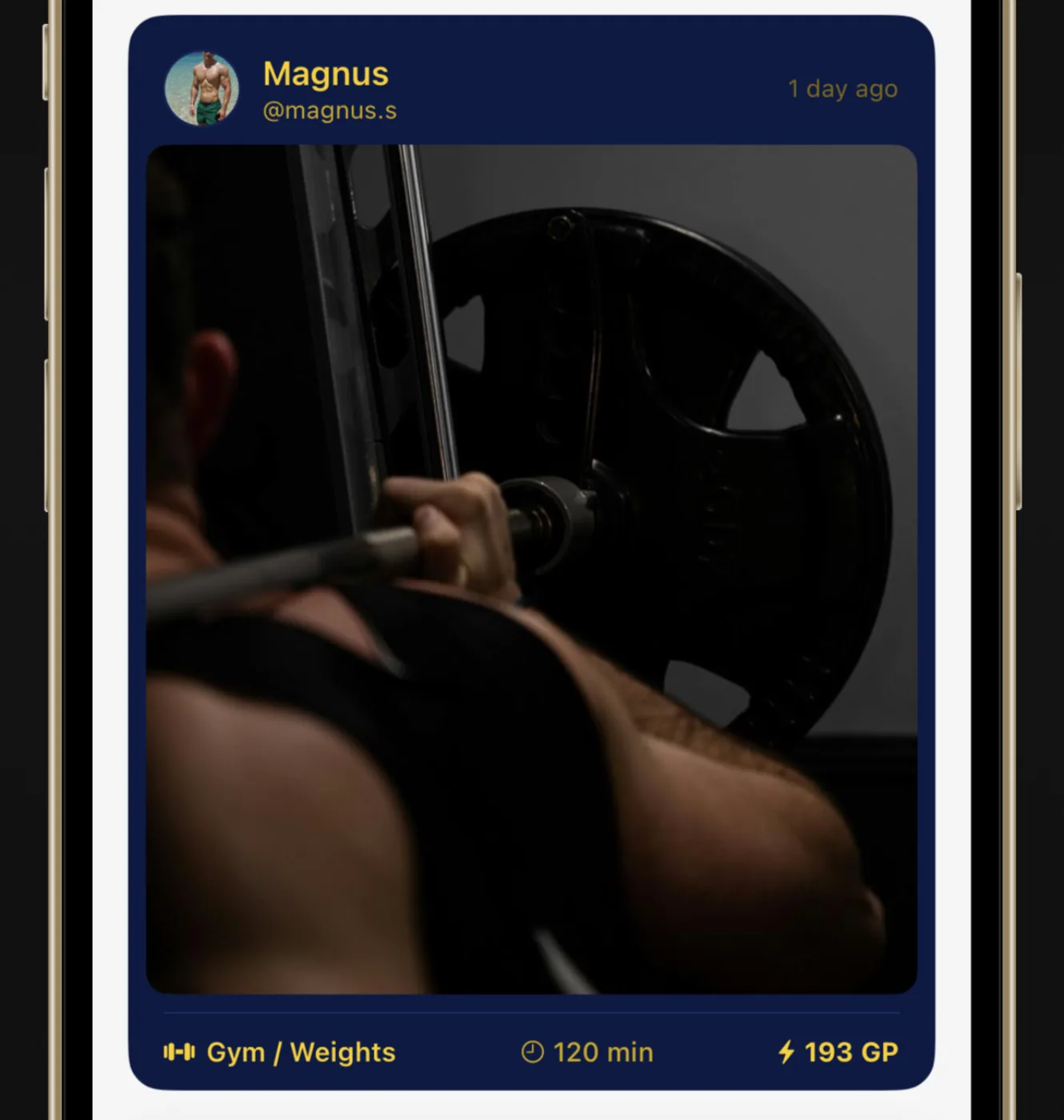 A friend’s ASCENDY workout post rendered in that friend’s own navy-and-gold theme, carrying photo proof above a row reading Gym / Weights, 120 min, 193 GP