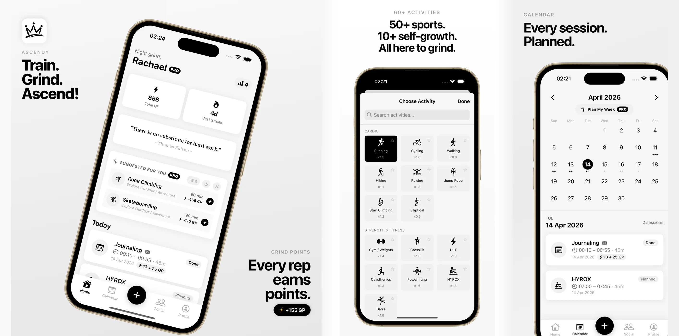 Three ASCENDY screens side by side: the home command centre showing total Grind Points and a streak, the activity picker showing effort multipliers, and the monthly calendar with planned and completed sessions