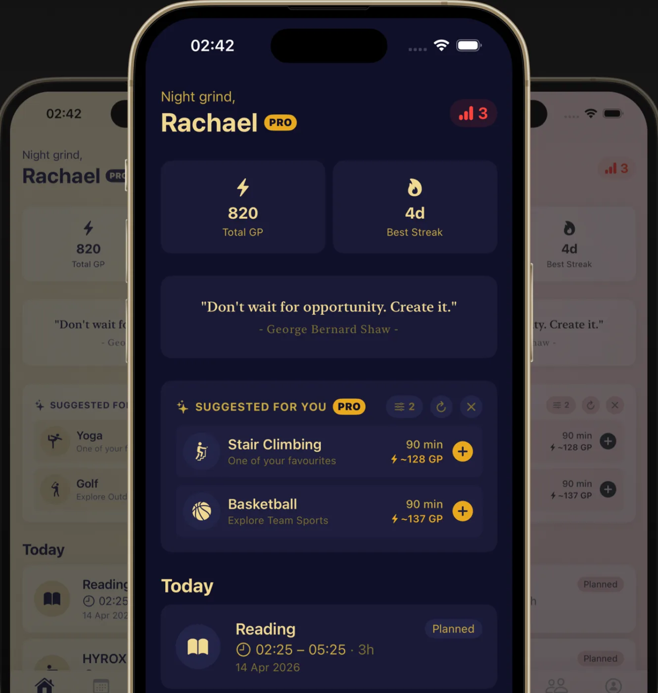 The same ASCENDY home screen in three themes — a deep navy-and-gold phone in front, flanked by two lighter palettes carrying the identical greeting, Grind Points tile, quote card and suggestions