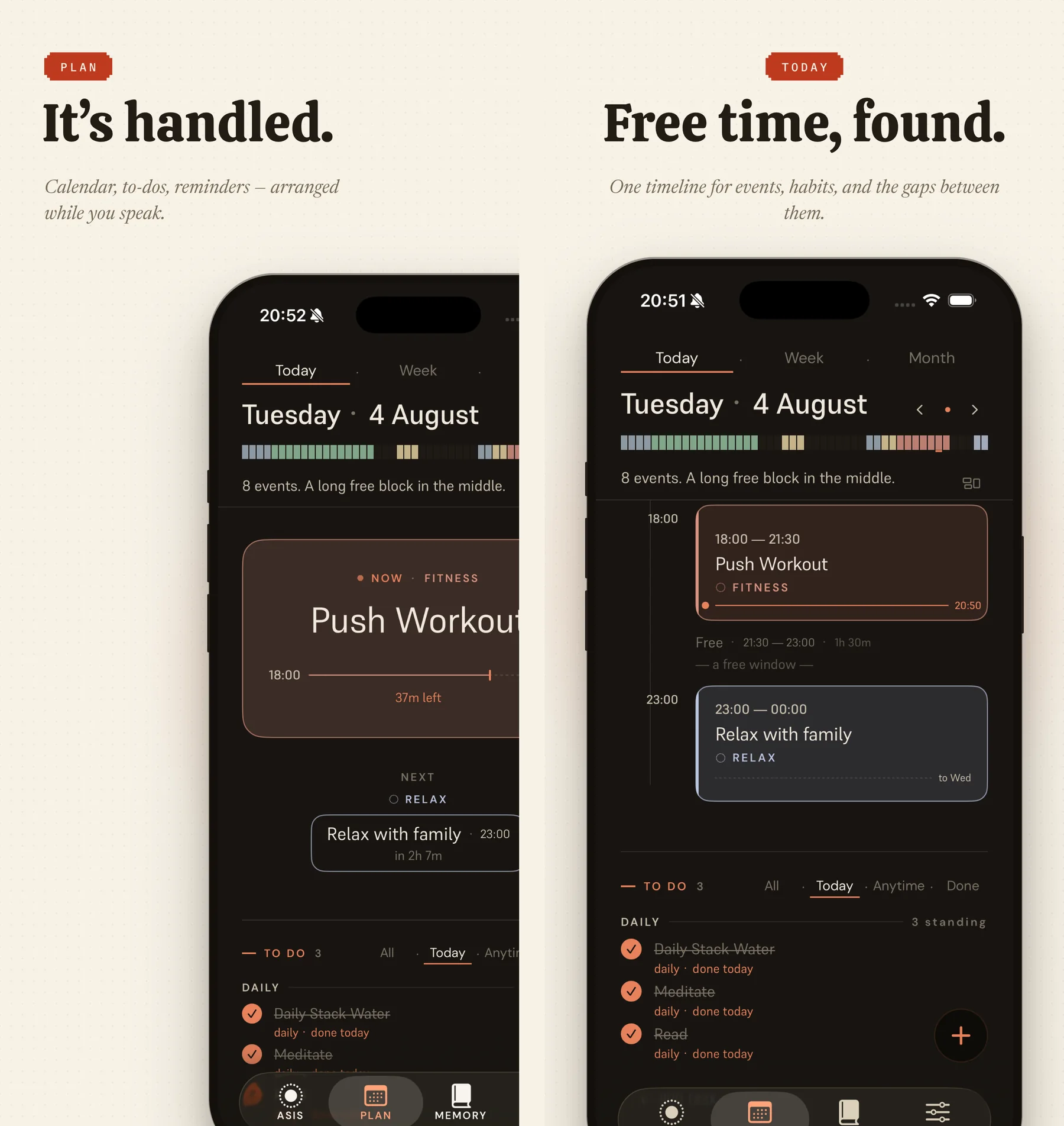 Two ASIS App Store frames: the Today plan with a running Push Workout card under the headline “It’s handled.”, and the Today timeline showing a free window between events under “Free time, found.”