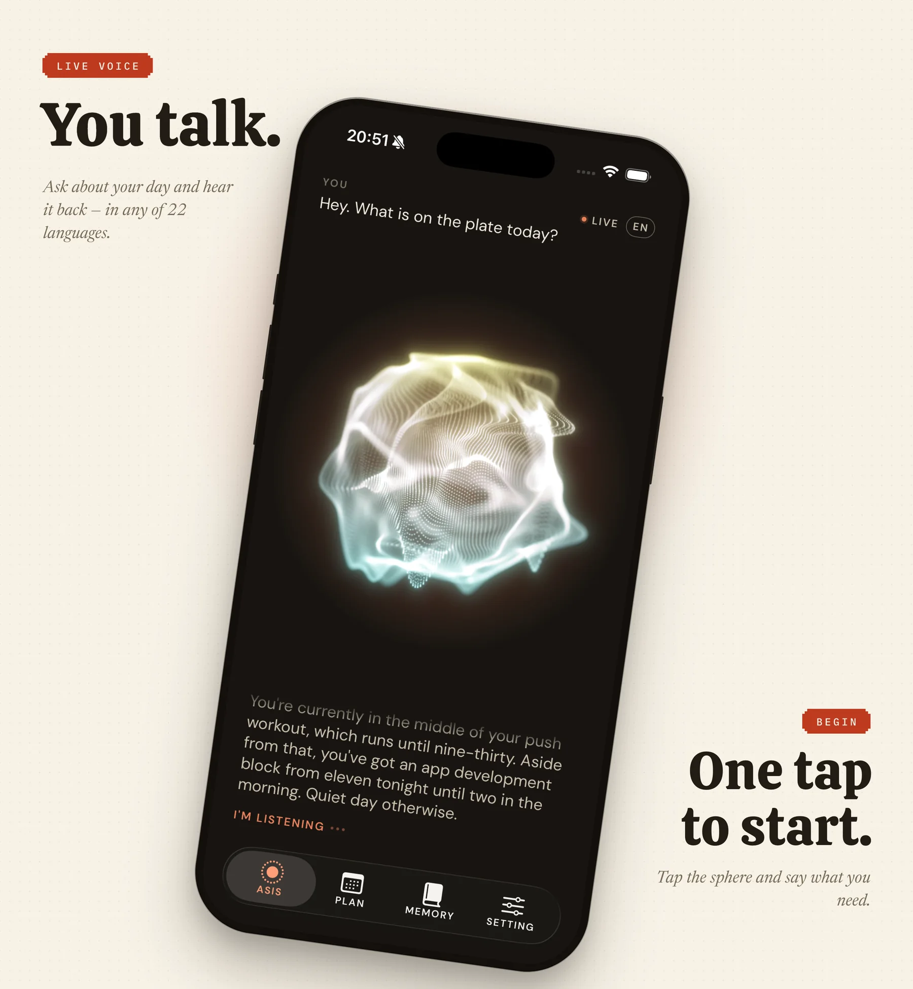 Two ASIS App Store frames forming one panorama: a tilted iPhone crossing the seam, showing the live voice sphere mid-answer, under the headlines “You talk.” and “One tap to start.”