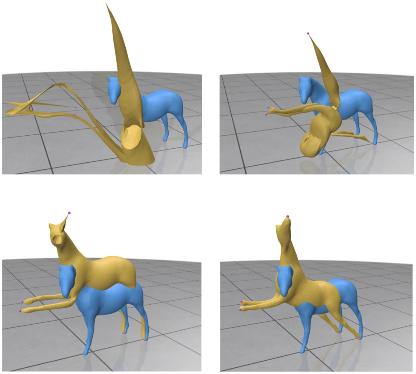 Four stages of an as-rigid-as-possible deformation of a horse mesh, from severely spiked and collapsed to a clean natural bend