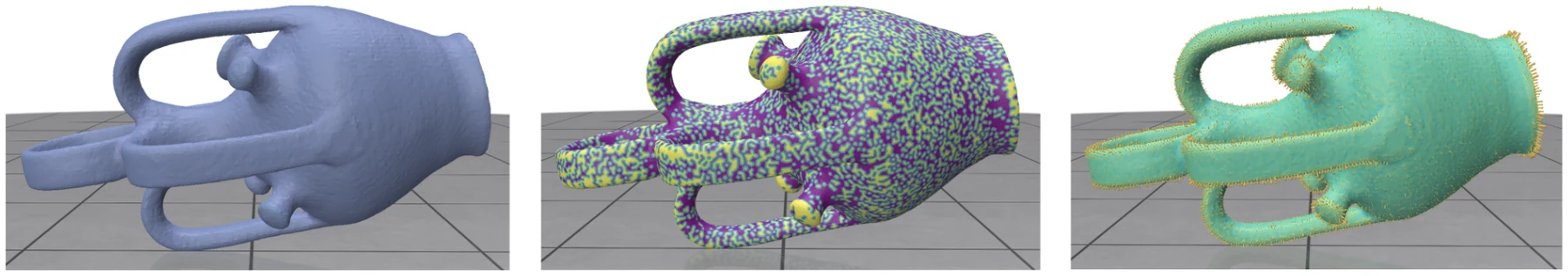 The same mesh shaded three ways: Gaussian curvature, Gaussian curvature sign regions, and mean curvature