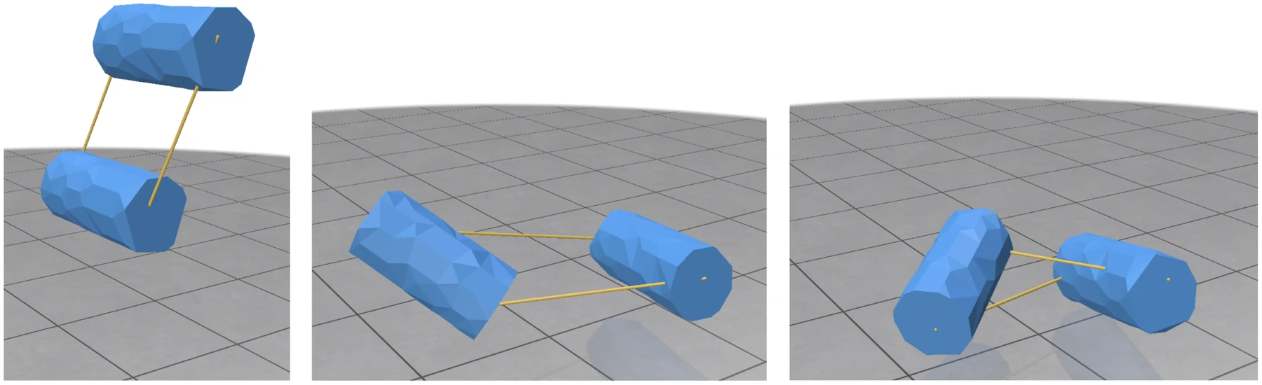 Three frames of two cylinders held together by yellow distance-constraint lines