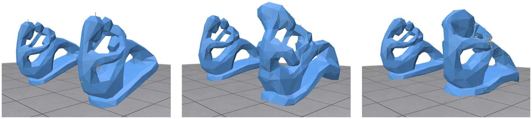 Three frames of the fertility model deforming under different impulses in a linear FEM simulation