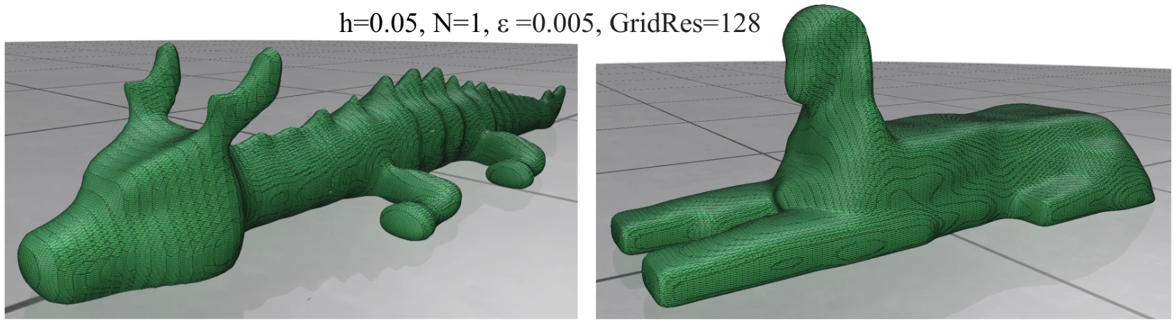 Isosurface meshes of the dragon and sphinx reconstructed on a 128 cubed grid, rendered in green