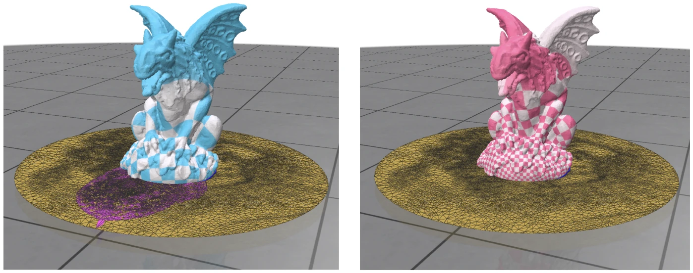 A gargoyle mesh checker-textured two ways, with the free-boundary LSCM layout beside the circular Tutte layout