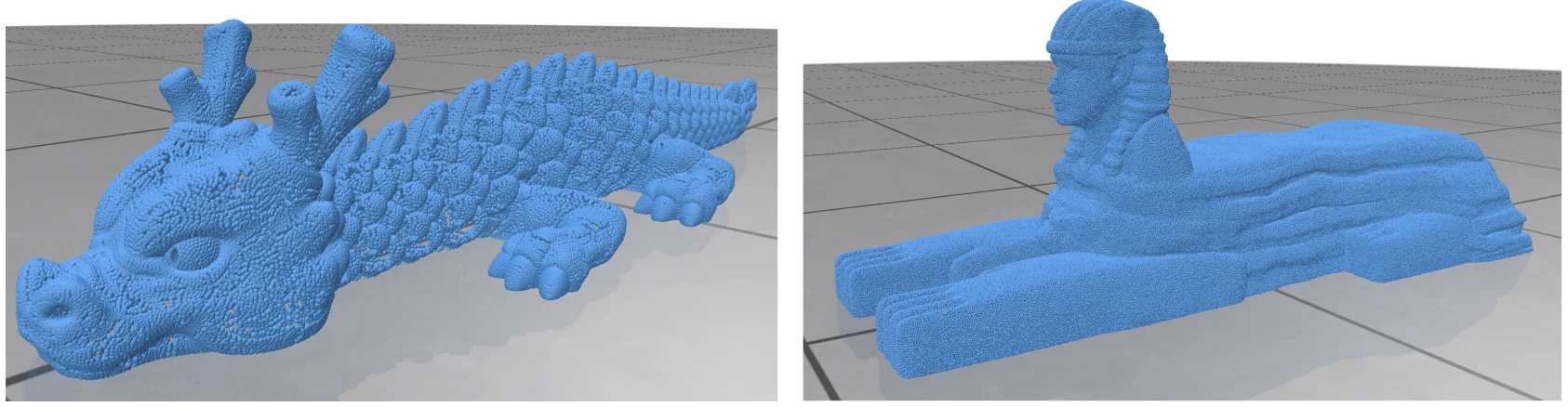Dense point clouds of a dragon model and a sphinx model rendered in blue