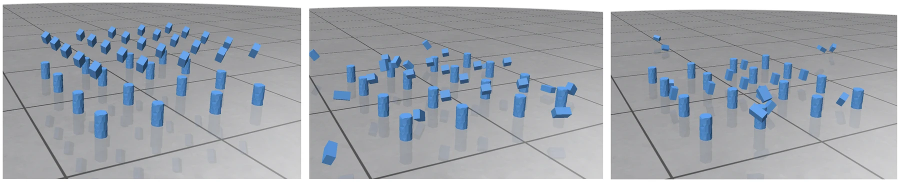 Three frames of a stress scene where a grid of cuboids falls and collides with fixed cylinders on a plane