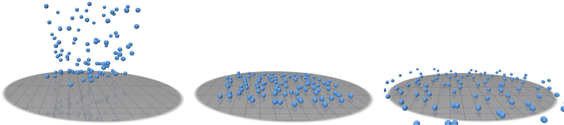 Three frames of a multi-body sphere simulation behaving incorrectly, with spheres sinking through and scattering off a disc