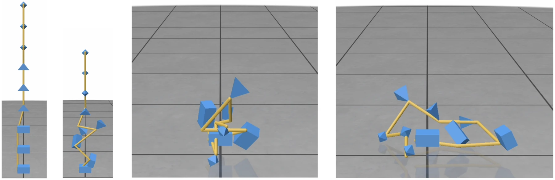 Four frames of a chained tower of blocks collapsing, simulated with broad-phase culling and constraint scheduling