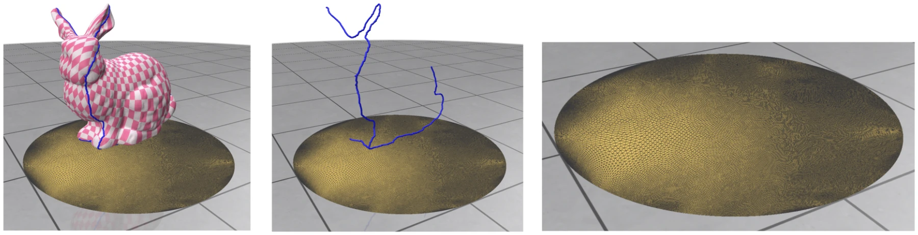 A checker-textured bunny, the seam it is cut along, and the circular disc it flattens to