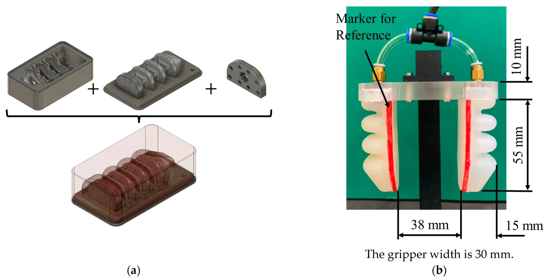 The 3D-printed mold and the finished cast-silicone gripper