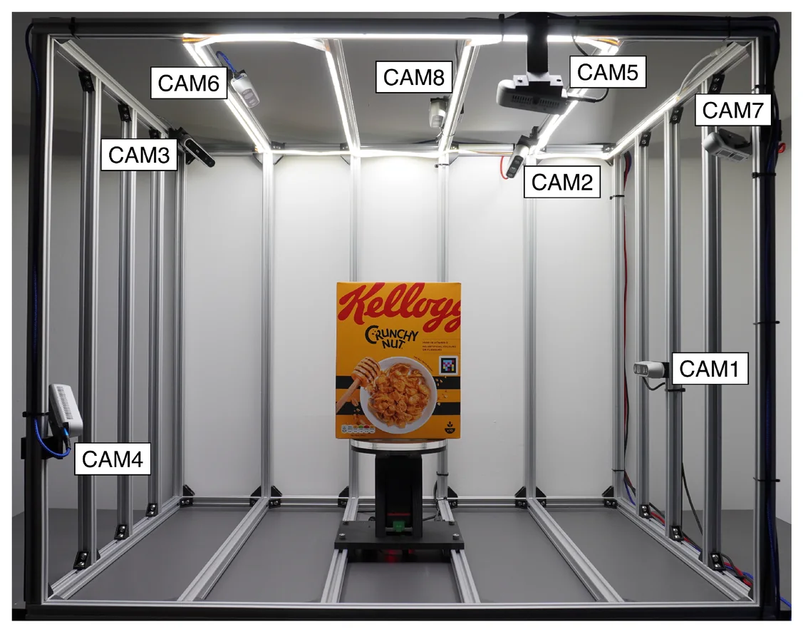 Eight RealSense depth cameras arranged around a rotating table under a controllable LED array