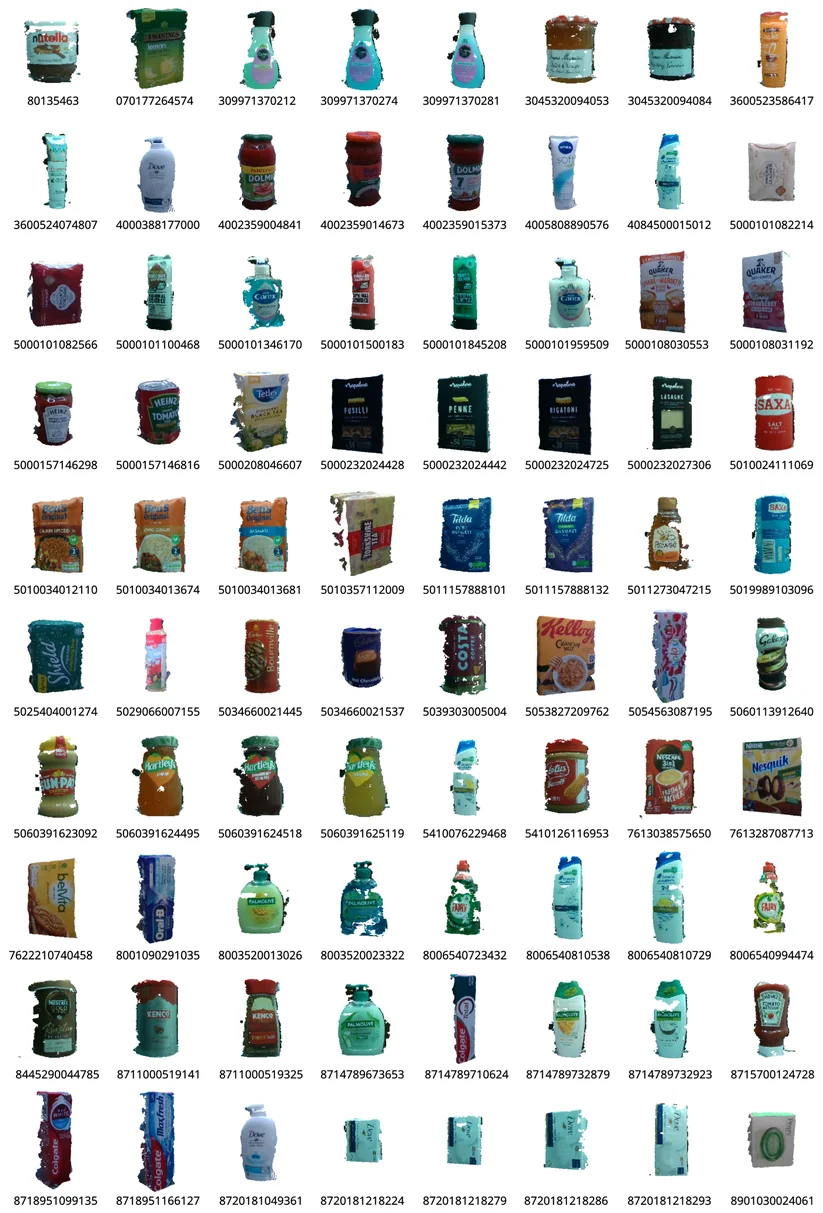 Grid of all eighty MiniMarket80 grocery objects, each catalogued by barcode