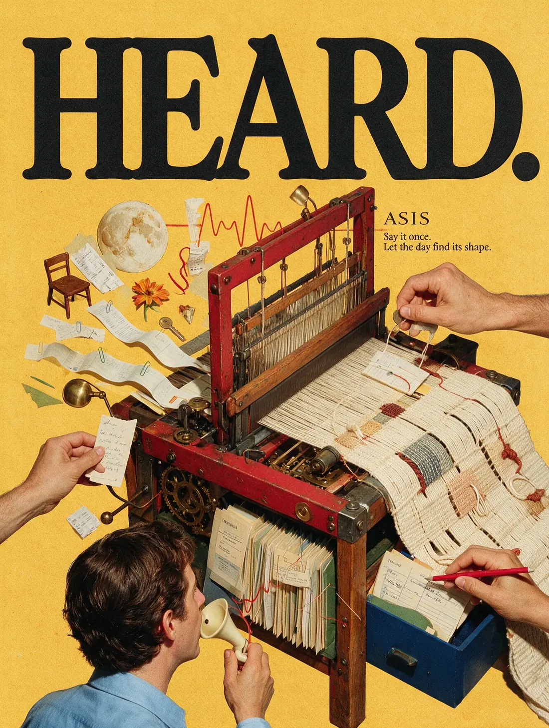 Project poster — “HEARD.” A hand loom on a mango-yellow field weaving scattered notes, receipts and a spoken red waveform into finished cloth, beside the line “ASIS — Say it once. Let the day find its shape.”
