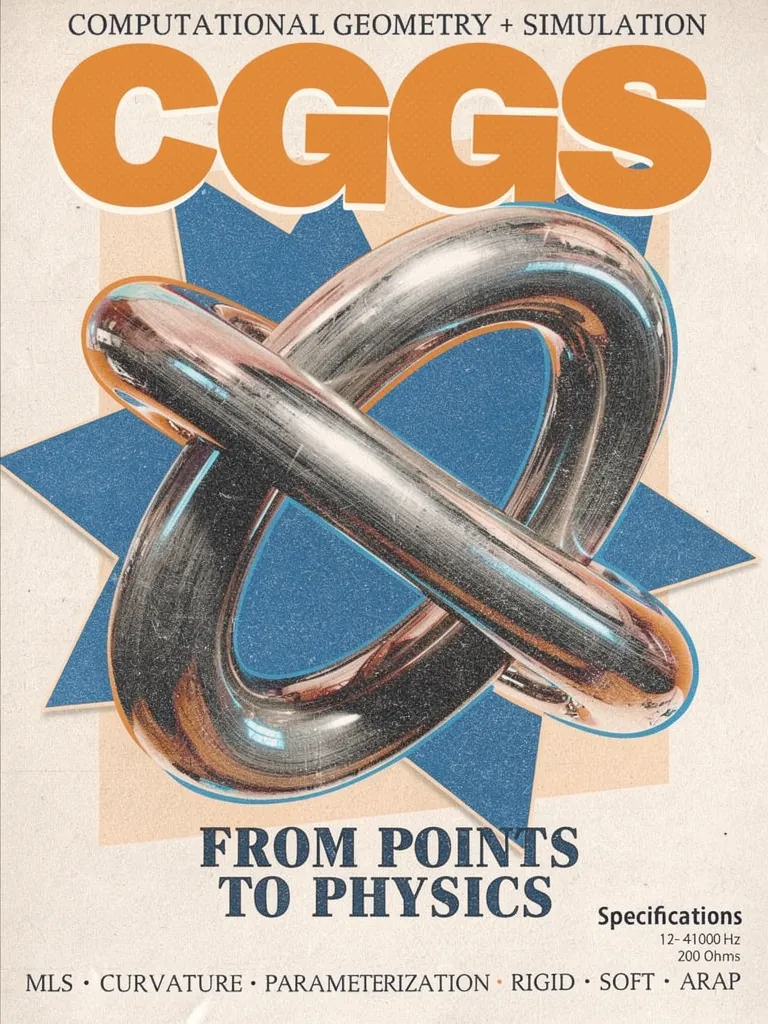 Project poster — “CGGS: From Points to Physics.” A chrome torus knot on a blue star burst, over a list reading MLS, curvature, parameterization, rigid, soft, ARAP.
