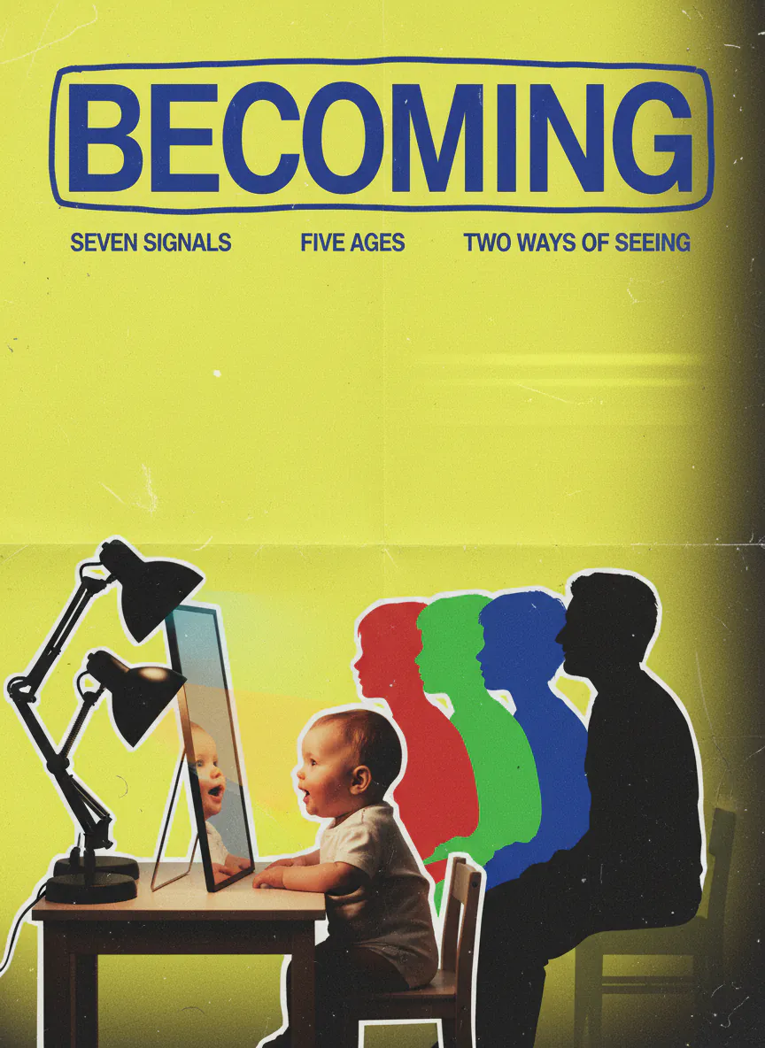Project poster — “Becoming: seven signals, five ages, two ways of seeing.” An infant facing a mirror beside red, green, blue and black silhouettes ageing into an adult, on acid yellow.