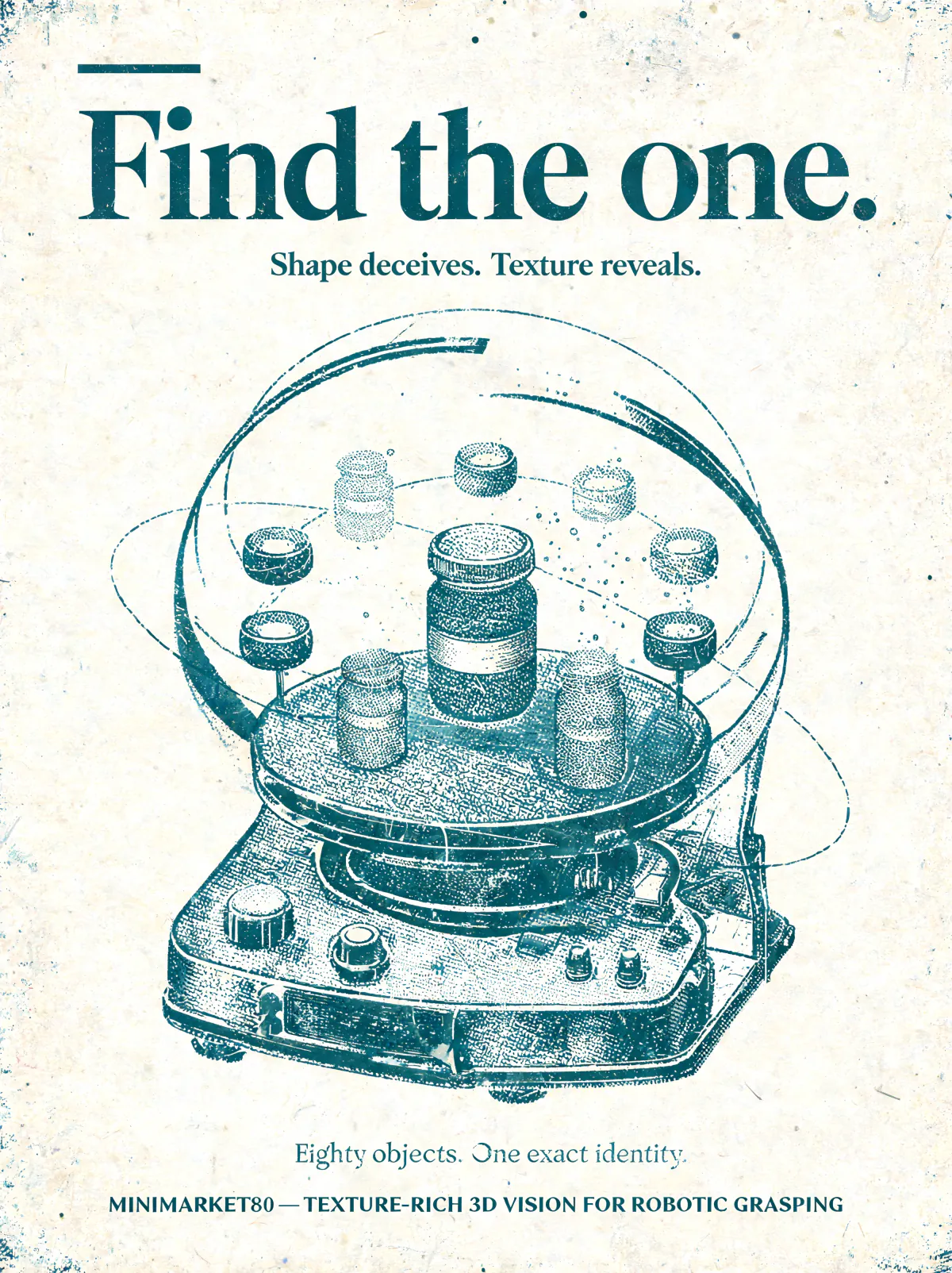 Project poster — “Find the one.” A teal engraving of the rotating capture table ringed with grocery objects under orbiting scan paths, over the line “Shape deceives. Texture reveals.”