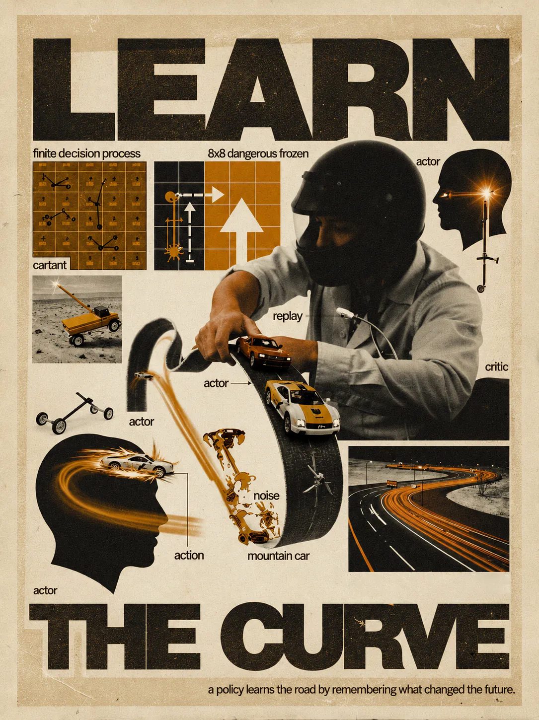 Project poster — “Learn the curve.” A vintage collage of gridworld diagrams, a driver steering toy cars around a tyre, and a night racetrack, over the line “a policy learns the road by remembering what changed the future.”