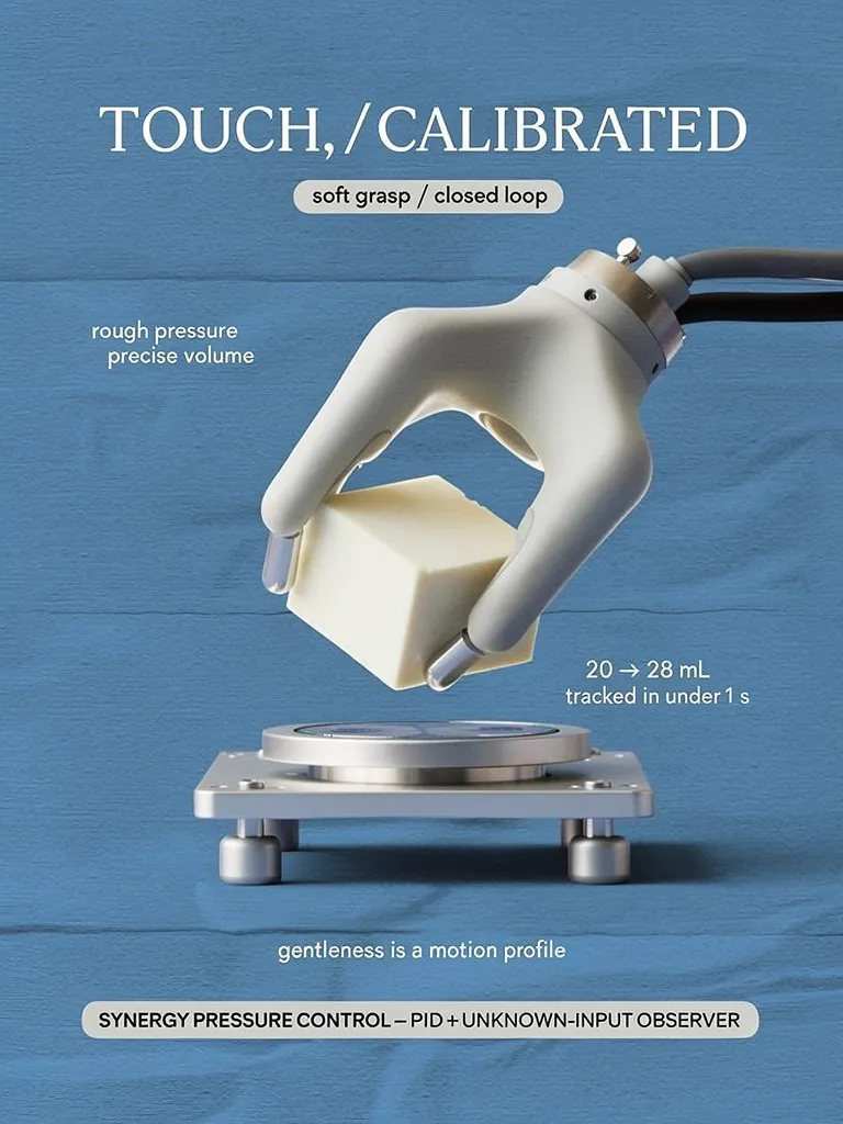 Project poster — “Touch, calibrated.” A white soft gripper lifting a block of tofu above a laboratory scale on blue cloth, captioned “gentleness is a motion profile.”