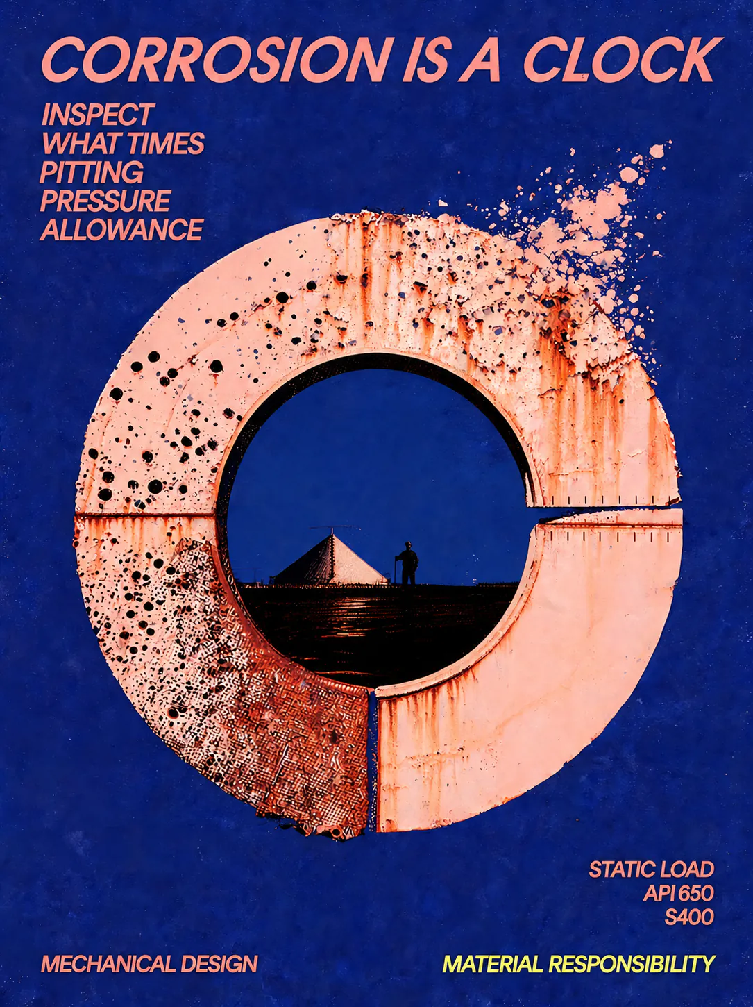 Project poster — “Corrosion is a clock.” A rusting steel ring opened like a dial on cobalt blue, framing a lone figure on a tank roof at dusk.