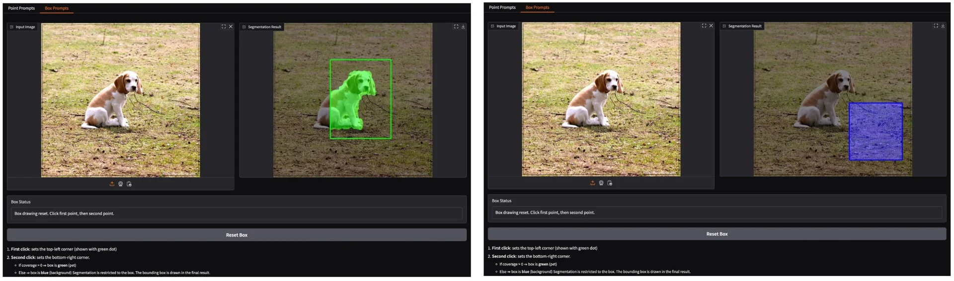 The Gradio web app segmenting from a two-click bounding box prompt