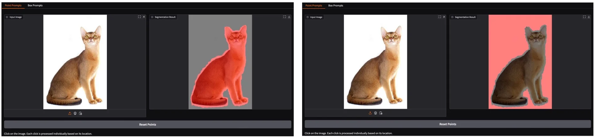 The Gradio web app segmenting a pet from a single point prompt