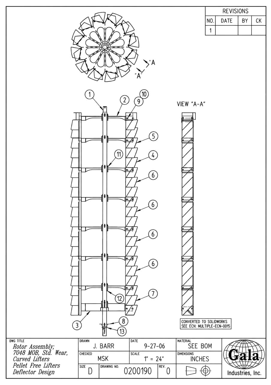 Manufacturer assembly drawing of the dryer rotor showing the shaft carrying stacked tiers of curved lifter blades, with plan view and section A-A