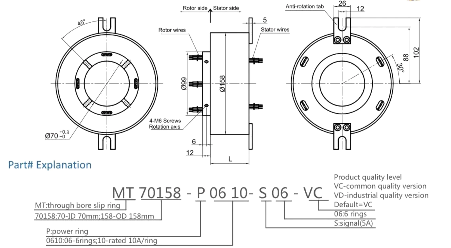 Dimensioned drawing of the Moflon through-bore slip ring showing the 70 mm bore, 158 mm outer diameter, rotor and stator wire sides, anti-rotation tab, and the part-number breakdown
