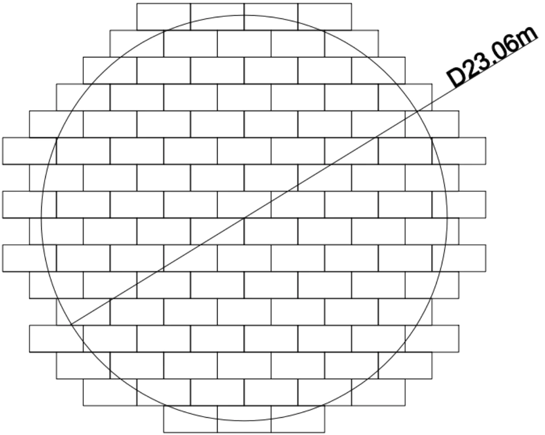 Plan drawing of the tank floor: rectangular steel plates lapped in a staggered bond inside a 23.06 m circle