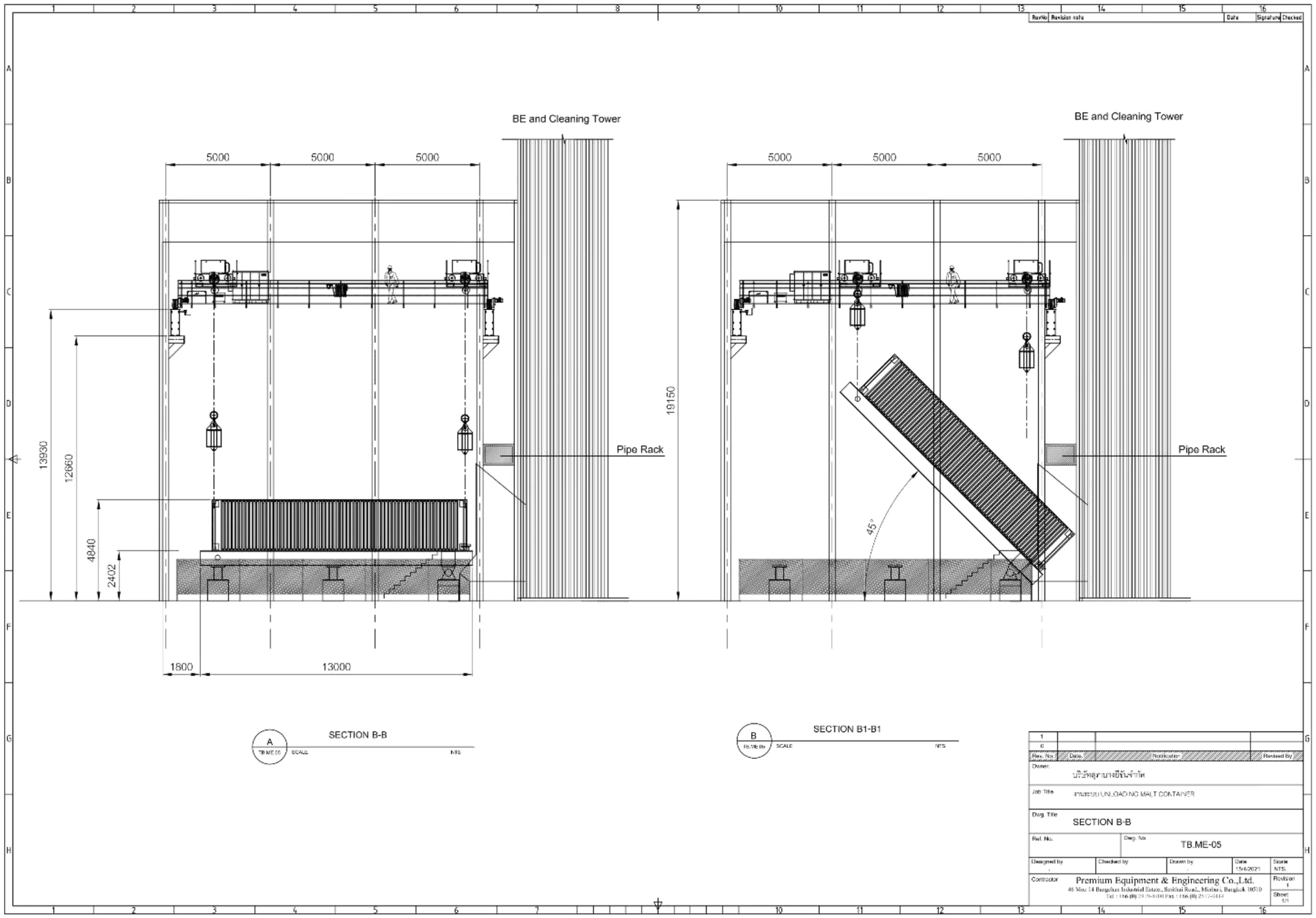 Engineering drawing sheet TB.ME-05, sections B-B and B1-B1 of the malt unloading bay: a 40-foot container resting level on its platform beneath the overhead crane, and the same container hoisted and tipped past 45 degrees to discharge
