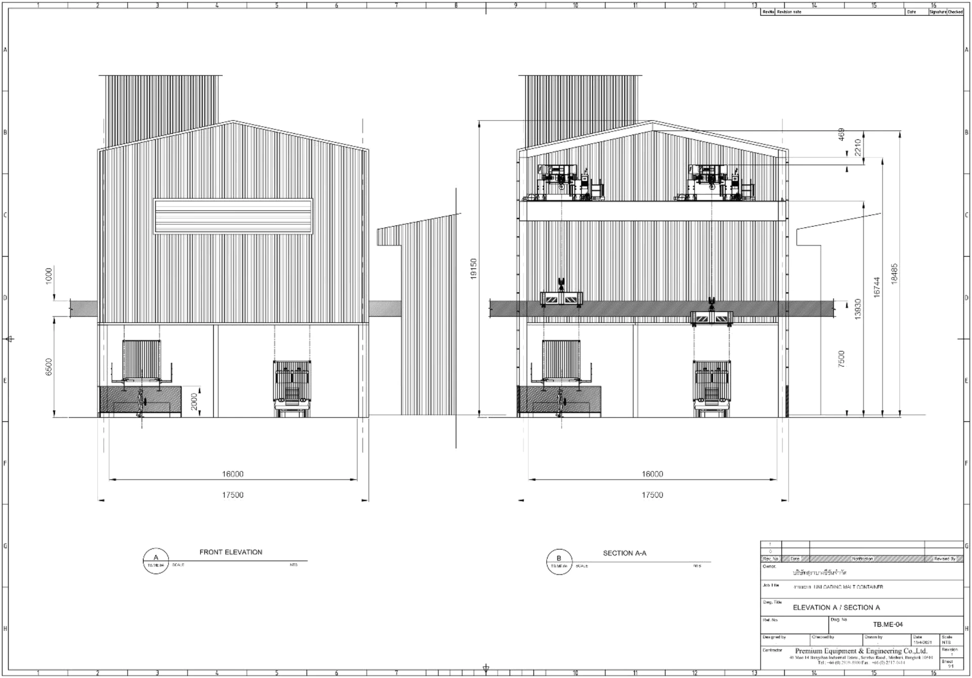 Front elevation and cross-section of the grain silo building housing the container unloading crane, with overall heights and spans dimensioned
