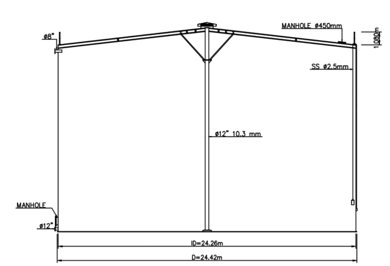 Sectional elevation of the molasses tank showing the conical roof, central support column, roof vent, manholes, inlet and outlet pipes, and overall diameter